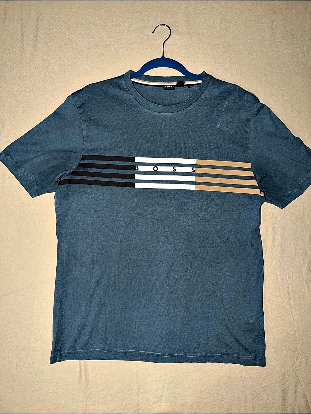 BOSS Men’s XL Teal Striped Logo Graphic T-Shirt